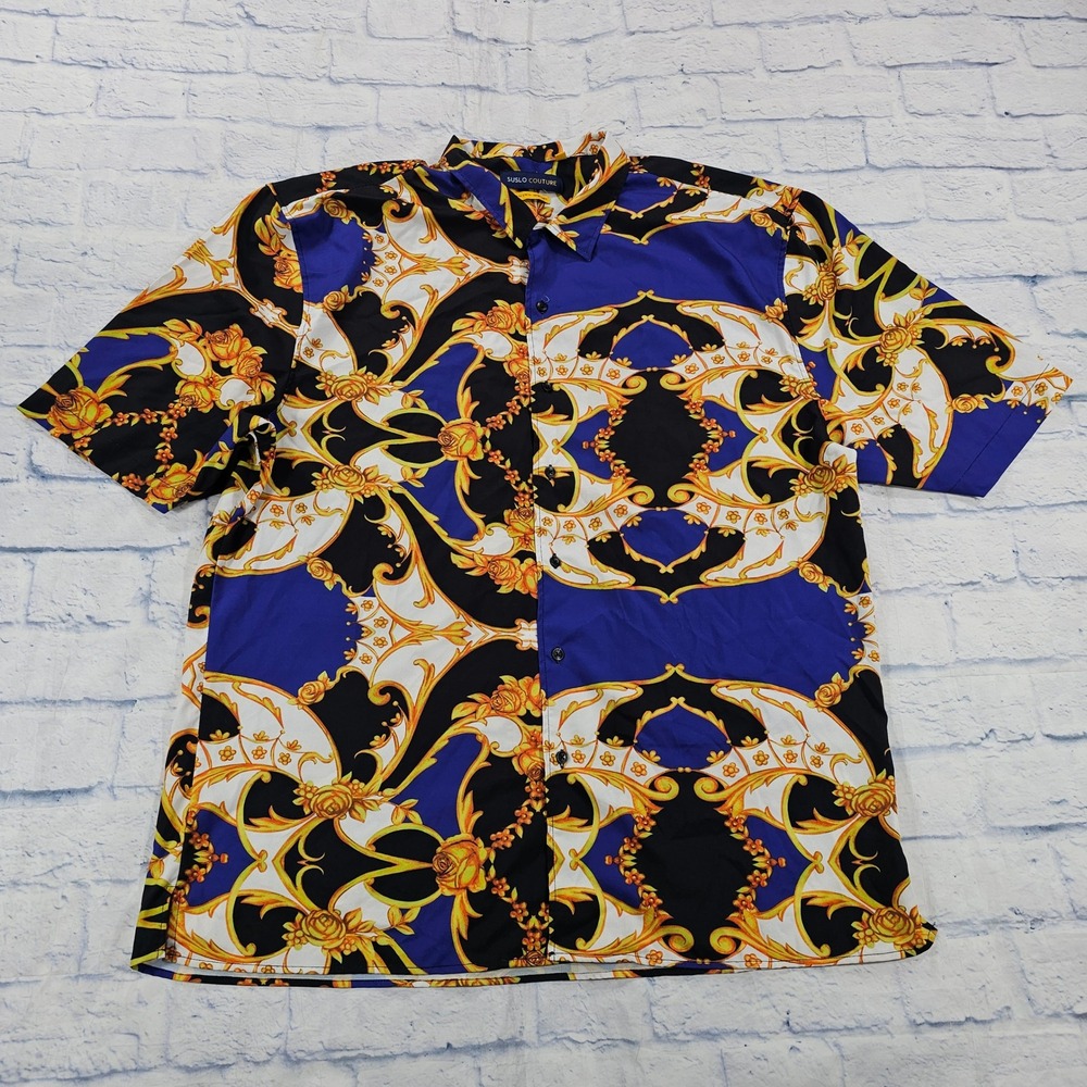 Suslo Couture Button Shirt Mens 3X Blue Gold Baroque Ornate Luxury